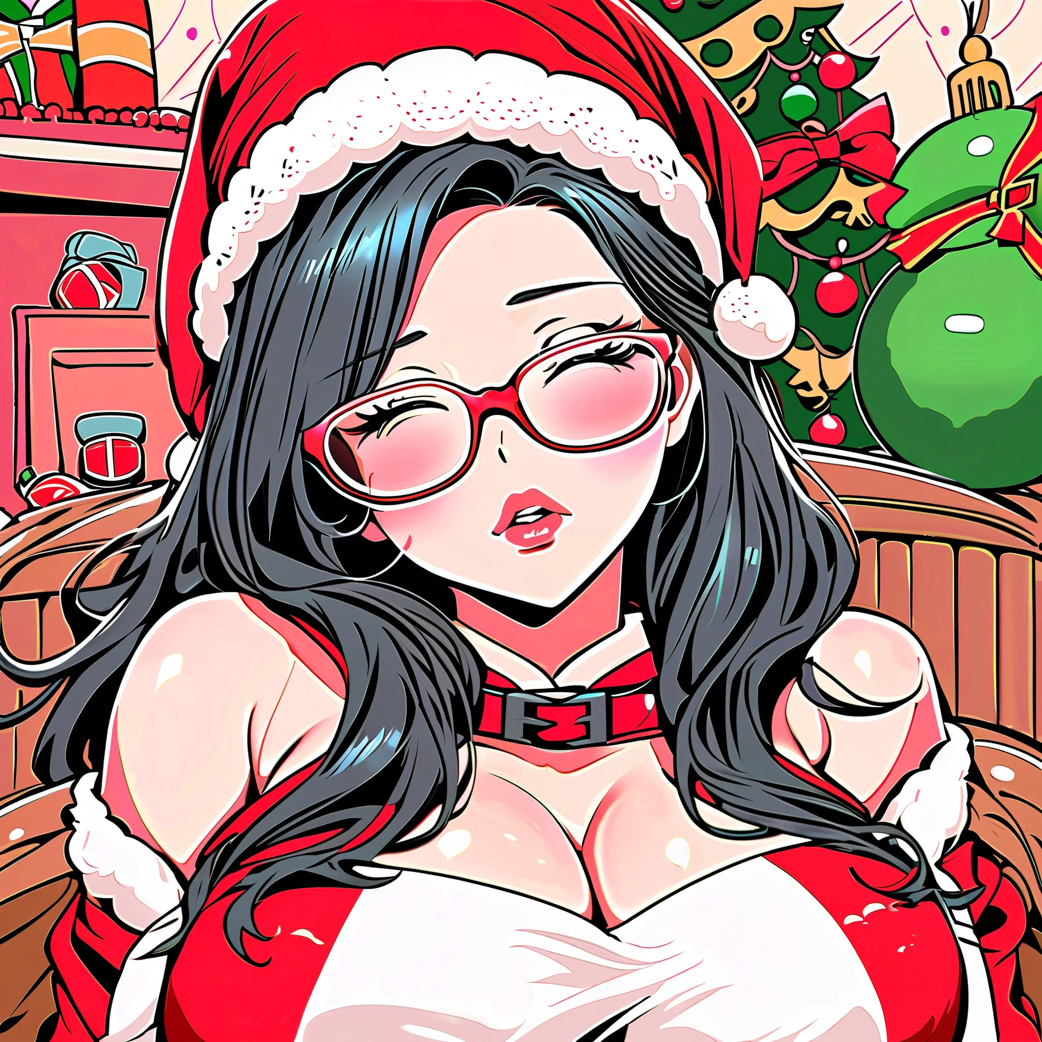 Japanese office lady mature 、black long hair、Black glasses、diamond earrings、Blue Eyes、red santa claus dress red hat、Fishnet Tights、Colossal tits、gargantuan butt、Navel Ejection、supine bed、indirect lighting