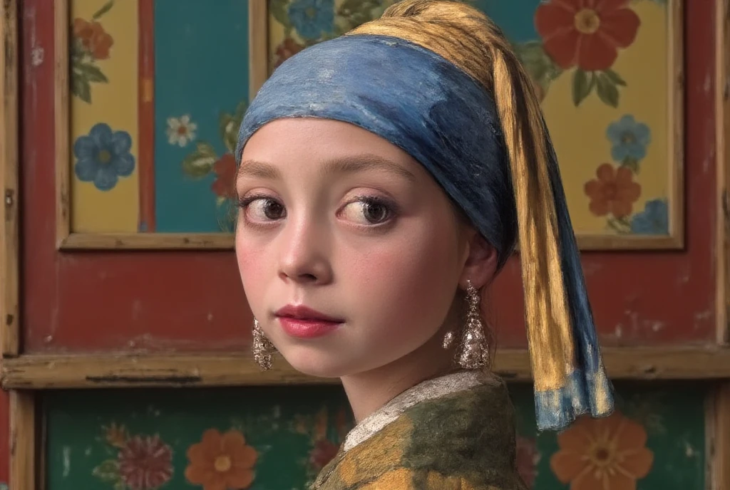 ((masterpiece)) ((hyper-realistic)) ((vibrant colors)) Oil painting with thick brushstrokes. "Girl with a Pearl Earring" by Johannes Vermeer reimagined as a cute chibi  with freckles, very large green eyes, and an innocent expression.