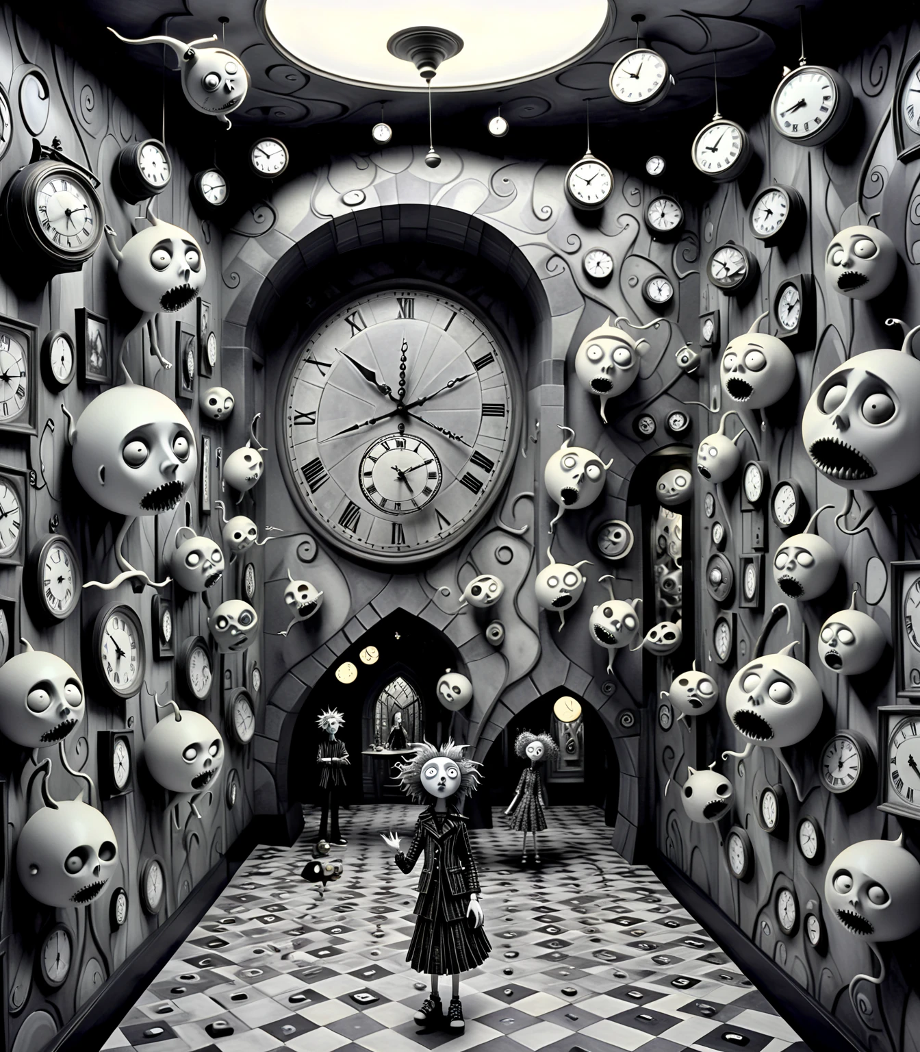 monochrome (pencil scektch:1.1),Within the labyrinthine halls of a Tim Burton-inspired mansion, clocks with faces and limbs hang on the walls, each showing a different time zone of a surreal world. Eccentric inhabitants, wearing outfits featuring dizzying geometry patterns, converse with floating teapots and levitating books. The scene unfolds like a mad tea , blending Burton's whimsy with the mesmerizing chaos of geometric wonders.,(hand drawn with pencil:1.15), (tim burton style:1.27), ,