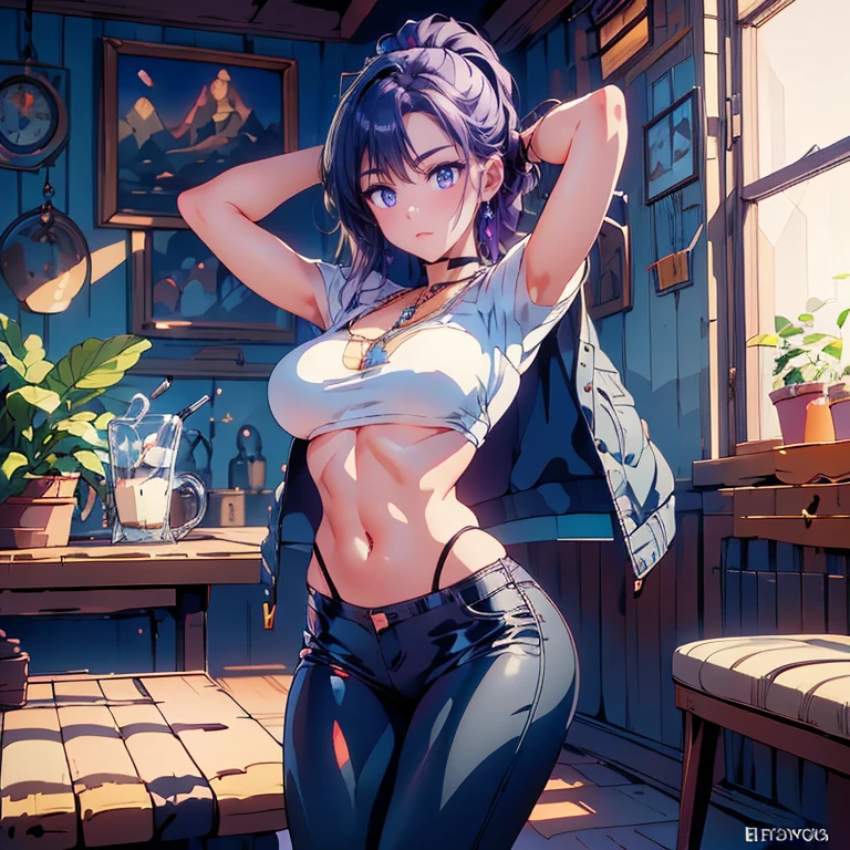 (perky chest:1.2), (pointed chest:1.2),(((Black Tunic:1.3))),(((cakes and bread in the basket),Cute and beautiful girl,masterpiece、highest quality、Very detailed、Beautiful fine details、One Girl、Detailed landscape、Training gym Room Background:1.4、Braided Ponytail、Red camisole、((B cup breasts, Tank top showing underboob:1.3)), black jacket, thigh strap, bangs, necktie, earrings, nail polish, fishnet pantyhose, multicolored hair, looking at viewer, full body, bottle, own hands together, belt, food, animal on head, black necktie, ring, choker, english text paper:1.2, collared shirt, blue eyes, platform boots, hat,lace-up boots ,