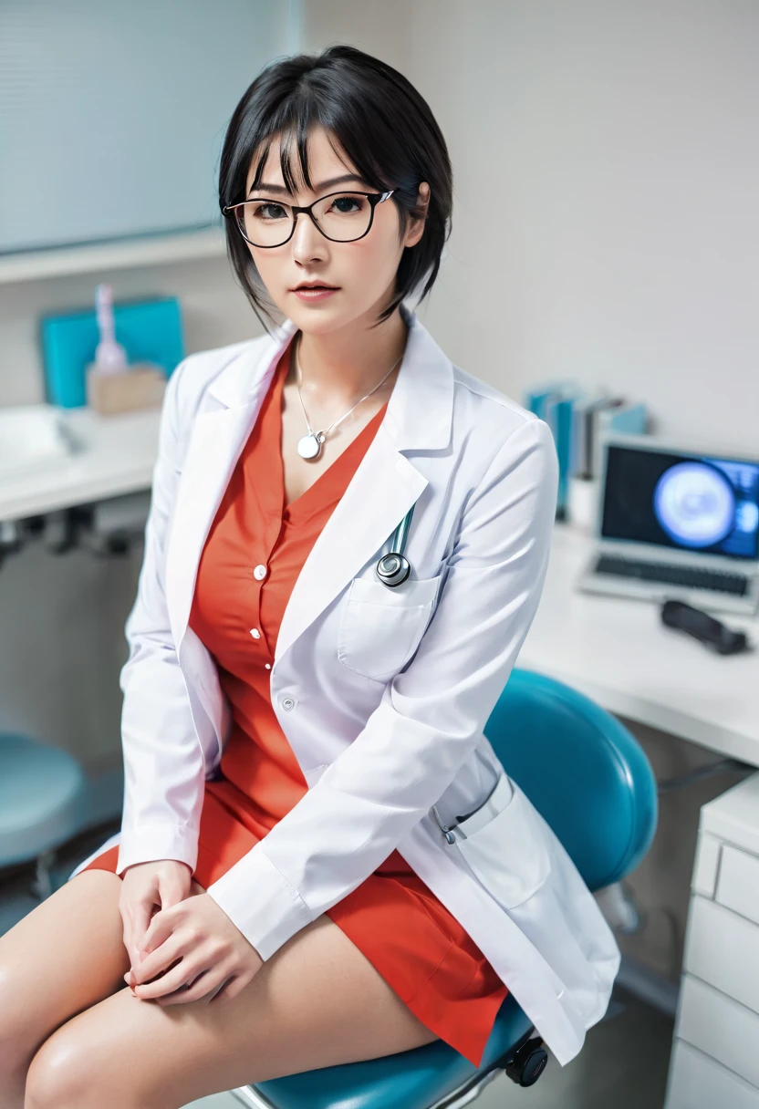 A female doctor in a white coat、1 Female、Brightly colored clothes、 sitting on an examination room chair、Wear a stethoscope、【From the above】、 skirt、 short hair、 black hair、 Glasses、serious、( pureerosface_v1:0.8)、 small face、blush、 sexy、Big Breasts