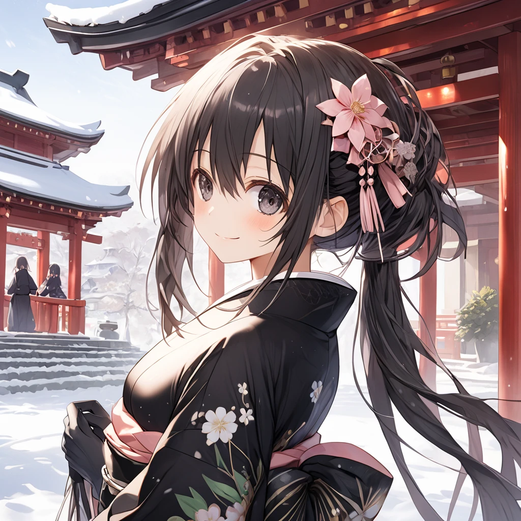 ( 1 girl), Green \(Neptunia )\, black hair, black eyes,(smile:1.5)、blush、(low ponytail:1.5), (long sidelocks:1.5), ,( small tits:1.5),(Black floral yukata:1.5),( muffler :1.5),gloves,snow,Shrine promenade、front、whole body、( perfect anatomy ),( best quality), ( ultra hi-res), (超 high definition ), ( Highly Detailed CG), (32K), (masterpiece)、eyesHD