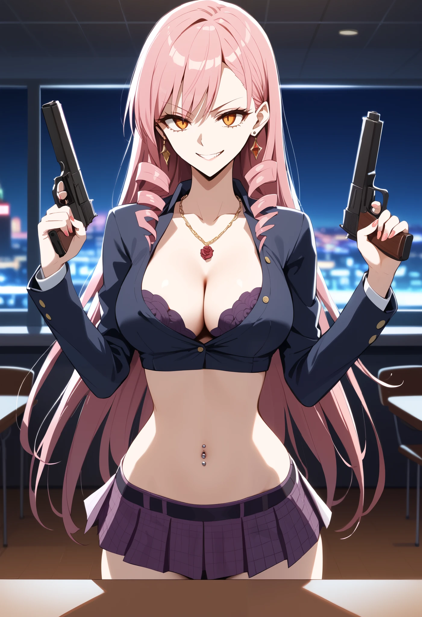 1girl, solo,
score_6, score_7, score_8, score_9,
 pink hair, long hair, drill hair, orange_eyes, yellow_eyes, midriff, navel, cleavage, smirk, FullyExposedStomach, midriff, navel,
(toned_body:0.8),  bar
background, inside bar,indoors, cityscape, casino, nightclub, city lights,jewelry, earrings, masterpiece, best quality, ((unbuttoned school uniform, cleavage, necklace, earrings, sexy
body,nipple slip, breasts)) , micro skirt, smiling, navel , exposed belly, exposed navel,
(nsfw) not safe for work,school, classroom , hold a gun,knot, holding pistol,navel piercing ,,,, tattoo on body, dragon tattoo, tattoo midriff, rose tattoo,, dual wielding, , navel piercing