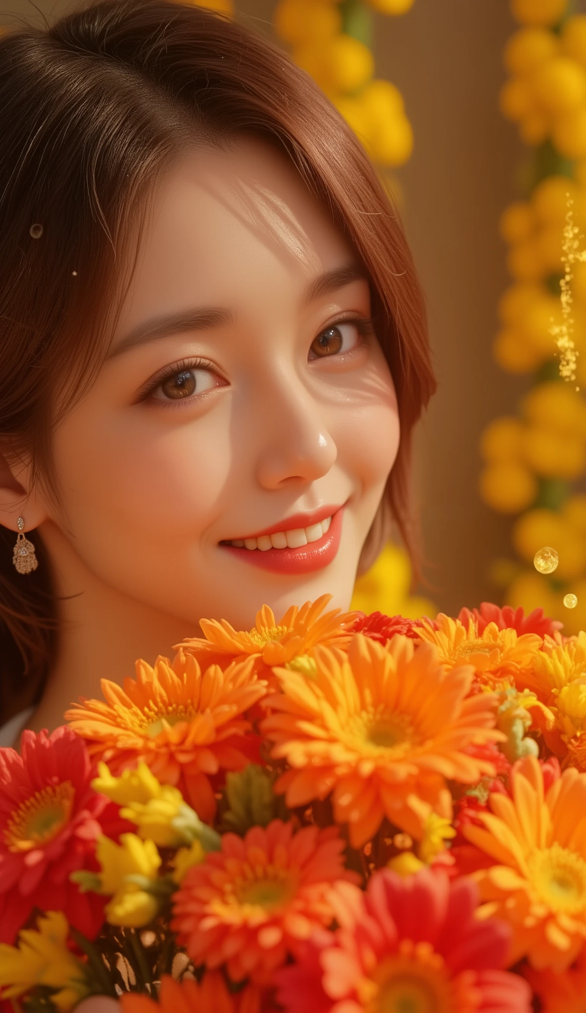 Red and yellow flowers that are as bright as the sun and cheer up those around them、A pretty 40-year-old woman with chocolate-colored bob hair and half-moon eyes holding a bouquet of colorful flowers, including orange.