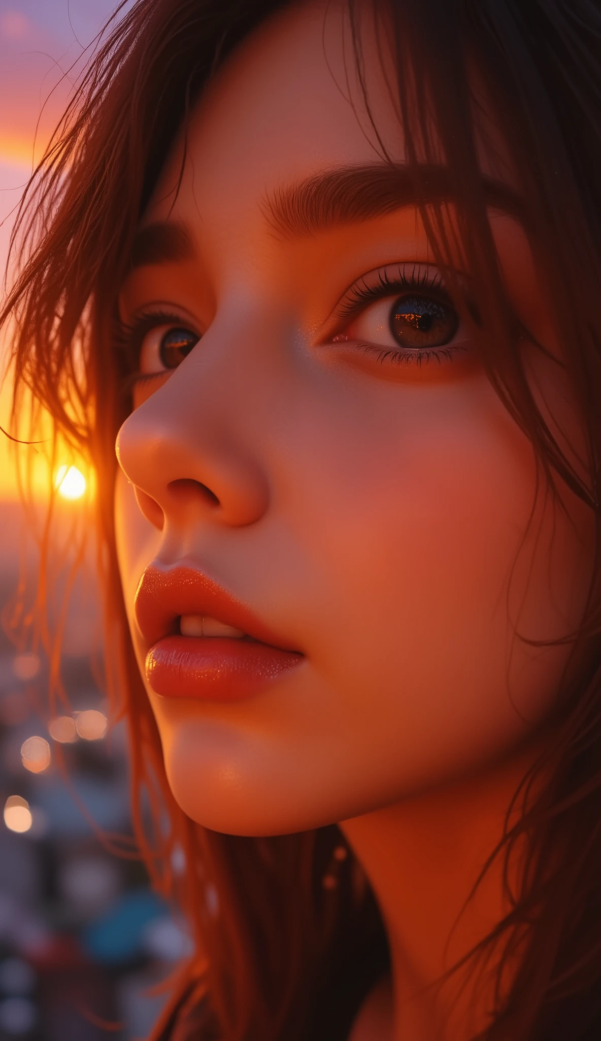 1 woman, fisheye selfie, matted hair, sunset cityscape, beautiful detailed eyes, beautiful detailed lips, extremely detailed face, long eyelashes, (best quality,4k,8k,highres,masterpiece:1.2),ultra-detailed,(realistic,photorealistic,photo-realistic:1.37),portraits,vibrant colors,warm lighting,soft focus