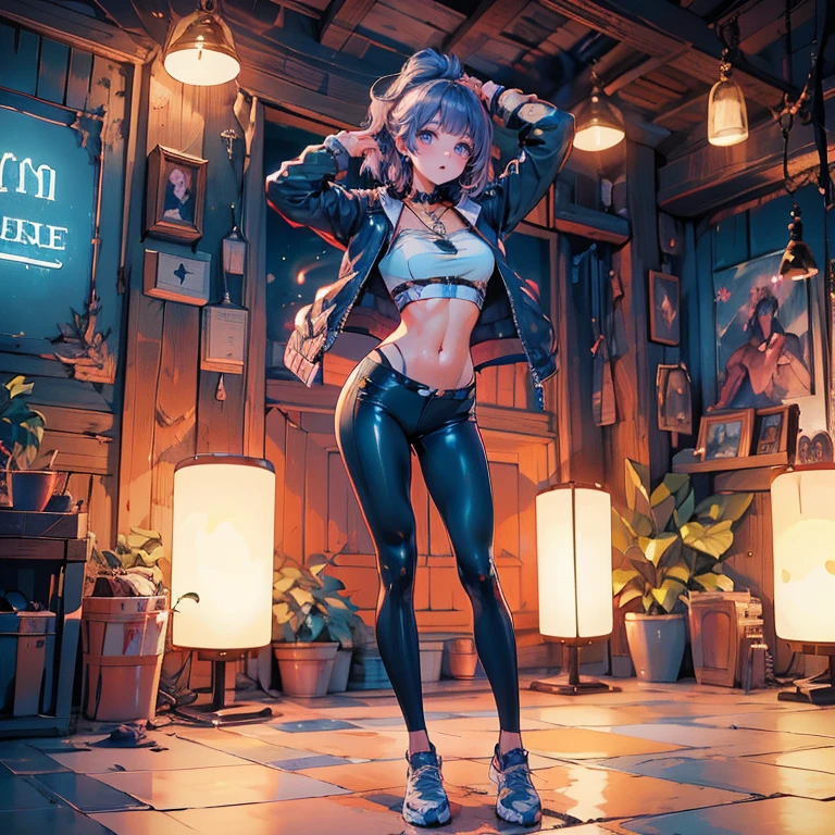 Full body Anime Ecchi Hentai Waifu beautiful detailed eyes, beautiful detailed lips, extremely detailed eyes and face, long eyelashes, 1 girl, sensual, young woman, sensual medium/large breasts, beautiful female face, slim, sexy, erotic, beautiful fashionable clothes, perfect body, perfect female anatomy, cinematic lighting and framing, (best quality, 4k, 8k, high resolution, masterpiece: 1.2), ultra detailed, digital painting, portrait, glamorous, highly detailed, soft lighting, vivid color tones ((masterpiece)) ((masutepiece, of the highest quality, Watercolor art (Pendants), Beautiful and aesthetic: 1.2)), (Golden ratio: 1.2), (Full body: 1.2), (Super Detail: 1.3), (1 girl: 1.3) (highest quality:1.2, Comic Artwork, Comic book style, Very detailed, up to date, Vibrant, digital coloring, High Contrast, masterpiece:1.2, Best Quality, Best aesthetics, aya), alone, (((young woman))), (detailed expression), (Small face), (Skin with attention to detail:1.2), Sexy Woman, Long eyelashes, glossy lips, (Purple Hair, ponytail, one eye is hidden, Purple eyes), Perfect Face, Cute face, Shiny skin, (Big Breasts), (Slender body:1.2), (Riders jacket, Short T-shirt), choker, Great body lines, Lift your arms to show your armpits, Leather pants, (((Lower milk visible:1.4))), (Cropped tops:1.2), night:1.3, Bright colors, bold typography, studio illumination, Realistic light and shadow with attention to detail,