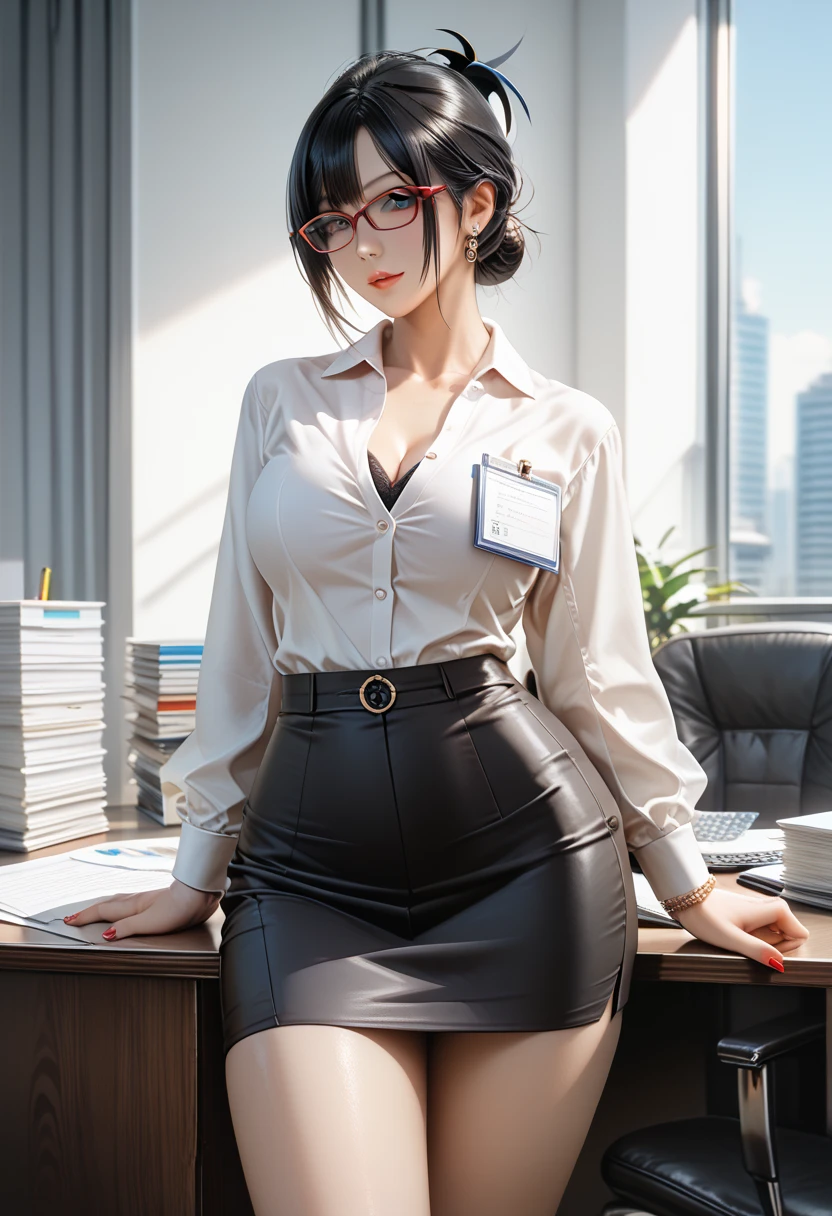 ((  best quality)), ((masterpiece)), (   Details), ( 1 Anime Girl  ),    sexy,  black hair with big breasts 9０CM OL ,    short ponytail ,   young woman,  OL with glasses , ((( Woman standing in office ))) , (  woman in business suit  ),  pencil skirt