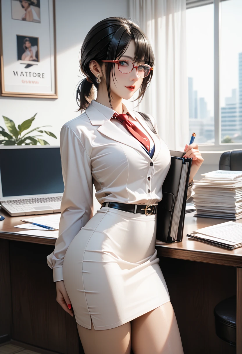 ((  best quality)), ((masterpiece)), (   Details), ( 1 Anime Girl  ),    sexy,  black hair with big breasts 9０CM OL ,    short ponytail ,   young woman,  OL with glasses , ((( Woman standing in office ))) , (  woman in business suit  ),  pencil skirt