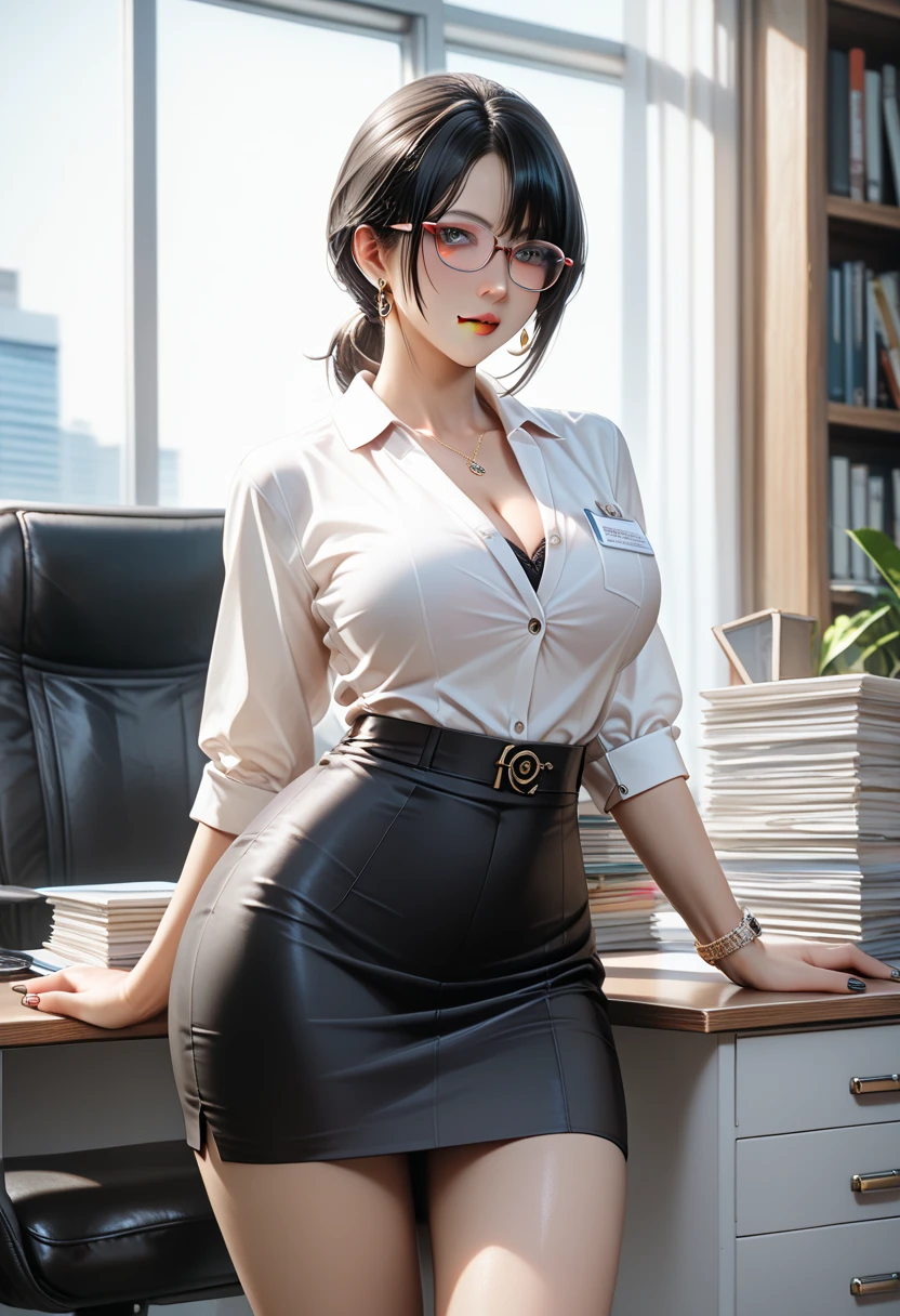 ((  best quality)), ((masterpiece)), (   Details), ( 1 Anime Girl  ),    sexy,  black hair with big breasts 9０CM OL ,    short ponytail ,   young woman,  OL with glasses , ((( Woman standing in office ))) , (  woman in business suit  ),  pencil skirt