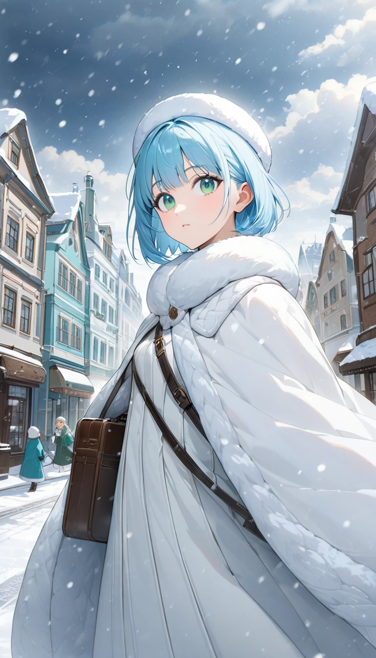 Highest quality、Light blue hair、Short Bob、Deep green eyes,20 years old,woman,small breast,White poncho with white fur 、White long dress、Ushanka 、 snow falling 、 looking up at the sky 、 holding an attache case in your left hand、Town,Cloudy