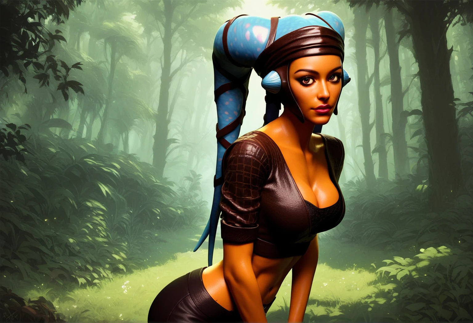 score_9, score_8_up, score_7_up, score_6_up, score_5_up, score_4_up, from side, BREAK Aayla Secura, head dress, twi'lek, orange skin, brown eyes, alien, tentacle hair, medium breasts, cleavage, brown leather top, midriff, leather pants, slim and fit, athletic, BREAK standing in a field, bending over, presenting, looking at viewer, Forest background, trees, stream,