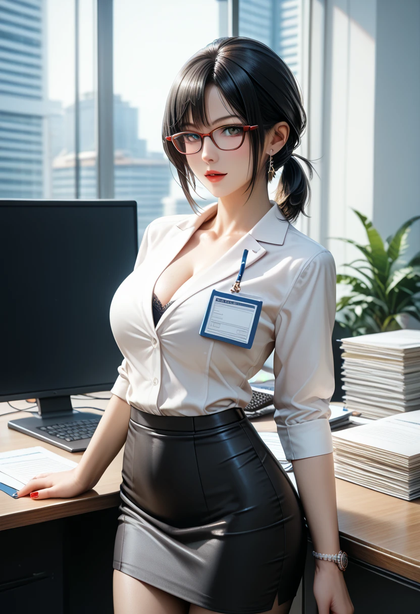 ((  best quality)), ((masterpiece)), (   Details), ( 1 Anime Girl  ),    sexy,  black hair with big breasts 9０CM OL ,    short ponytail ,   young woman,  OL with glasses , ((( Woman standing in office ))) , (  woman in business suit  ),  pencil skirt