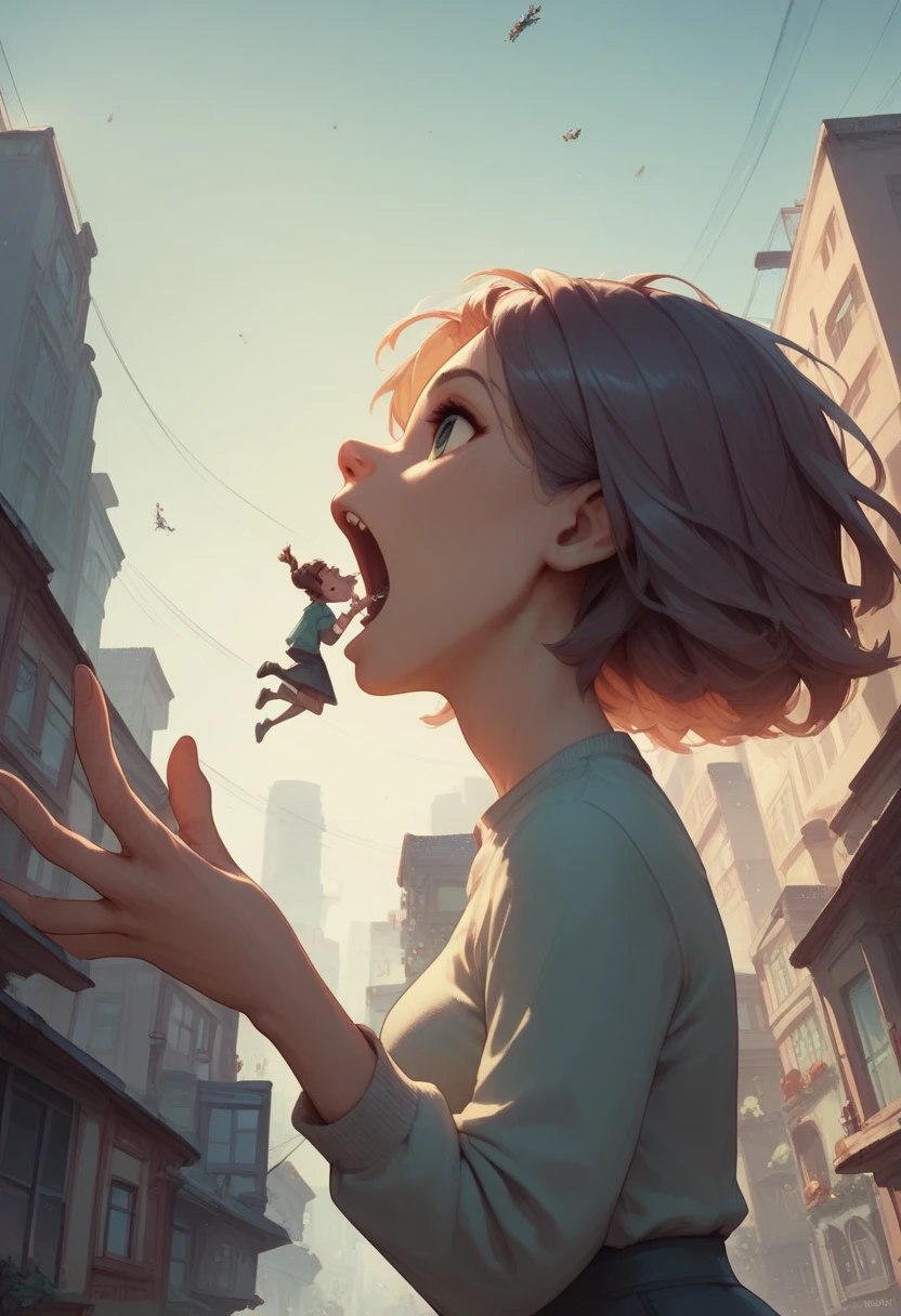 giantess, sideview, from the side, profile, sideview from above, HD small person, giantess holding with two fingers, small person between the index and thumb, small person dangling from her fingers, falling into mouth, open mouth, big mouth,