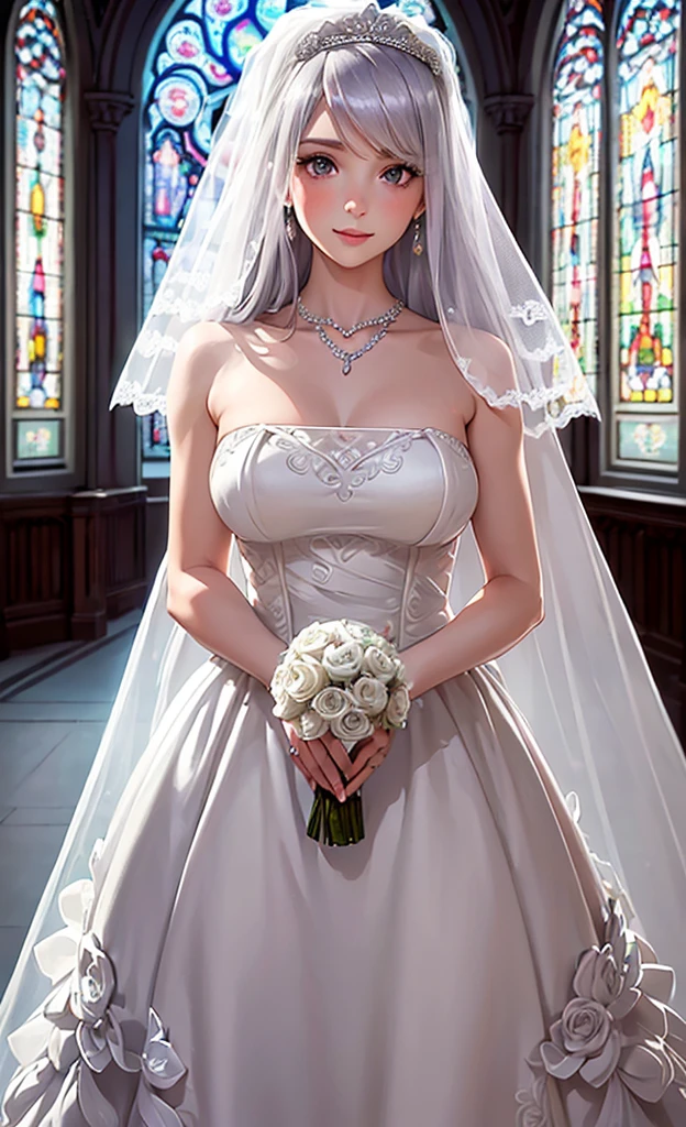 ((Highest quality)),(Ultra-high resolution),(Very detailed),(Detailed Description),((The best CG)),(A masterpiece),Ultra-detailed art,Amazing painting art,(Contemporary art with precise details:1.5), (A woman in a meticulously detailed white wedding dress stands in front of a church:1.6),(A joyful smile:1.4), sunny:1.5,The wind blowing towards her:1.6, Blessing Bells:1.5,