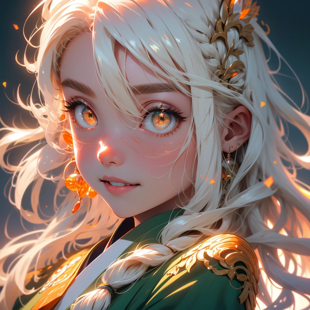 (high resolution:1.18), intricate detail, (masterpiece:1.1), (highest quality:1.1), absurdres),(1girl, portrait, white hair, orange eyes, long hair, detailed eyes), 1girl, Solo, High Resolution, Long Hair, long white hair, wearing sheer green haori, Best Quality, High Resolution, HD, High Details, Long Hair, Very Long Hair, White Hair, Blush, Smile, Parted Lips, orange eyes, beautiful