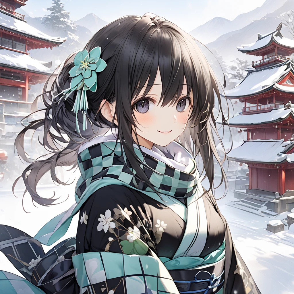 ( 1 girl), Green \(Neptunia )\, black hair, black eyes,(smile:1.5)、blush、(low ponytail:1.5), (long sidelocks:1.5), ,( small tits:1.5),(Black floral yukata:1.5),(Checkered scarf:1.5),gloves,snow,Shrine promenade、front、whole body、( perfect anatomy ),( best quality), ( ultra hi-res), (超 high definition ), ( Highly Detailed CG), (32K), (masterpiece)、eyesHD