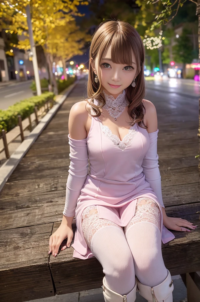 ((((highest quality))))、(((Ultra-precision CG16K wallpaper)))、(((masterpiece)))、(((Super detailed)))、(((Extreme detail)))、((1Mature 29 year old woman:1.6))、((Very beautiful Japanese faces))、((Yua Mikami:1.5))、((Straight medium hair、blunt bangs:1.5))、(Shiny brown hair)、Beautiful delicate brown eyes、eyeliner、eye shadow、High nose、Small nostrils、Small Mouth、Seductive lips、Beautiful breasts、((C cup size breasts))、Cleavage、Voluptuous body、eight-headed body、Perfect proportions、Perfect Anatomy、Perfect composition、Beautiful detailed shading、Beautiful, natural lighting、Beautiful detail glow、Depth of written boundary、(((High chroma)))、(((Real:1.9)))、((vivid:1.5))、((Beautiful Skin))、((Skin Texture))、((Realな皮膚感))、(((Full body shot:1.6)))、((Front view、Front low angle:1.6))、(((smile:1.6)))、(Woman is looking at the front:1.6)、Bright daylight、Natural light、(((sitting on a park bench:1.3)))、(Sitting pose:1.5)、(((Beige pink lace mini dress:1.6)))、((Earrings、Wearing a necklace:1.3))、(((hair band、Wearing short socks:1.6)))、(((Wearing upper shoes:1.6)))、