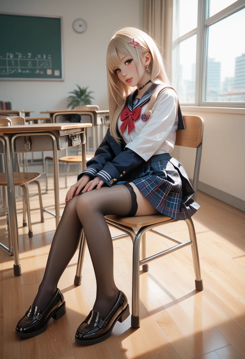 Blonde woman in black stockings and white shirt sitting on the sidewalk, Surrealism female students, Surrealism female students, Realistic schoolgirl, Anime girl in real life, Photorealistic anime, Beautiful Anime High School Girls, realistic anime style at pixiv, hyper realistic anime, cyber school girl, photorealistic anime girl rendering, Female Student, anime realism style