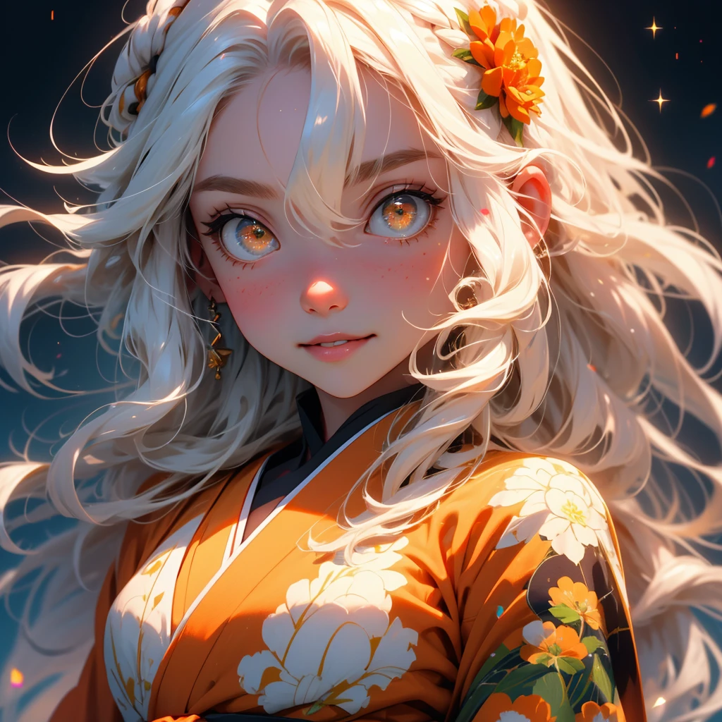 (high resolution:1.18), intricate detail, (masterpiece:1.1), (highest quality:1.1), absurdres),(1girl, portrait, white hair, orange eyes, long hair, detailed eyes), 1girl, Solo, High Resolution, Long Hair, long white hair, wearing sheer green haori, Best Quality, High Resolution, HD, High Details, Long Hair, Very Long Hair, White Hair, Blush, Smile, Parted Lips, orange eyes, beautiful