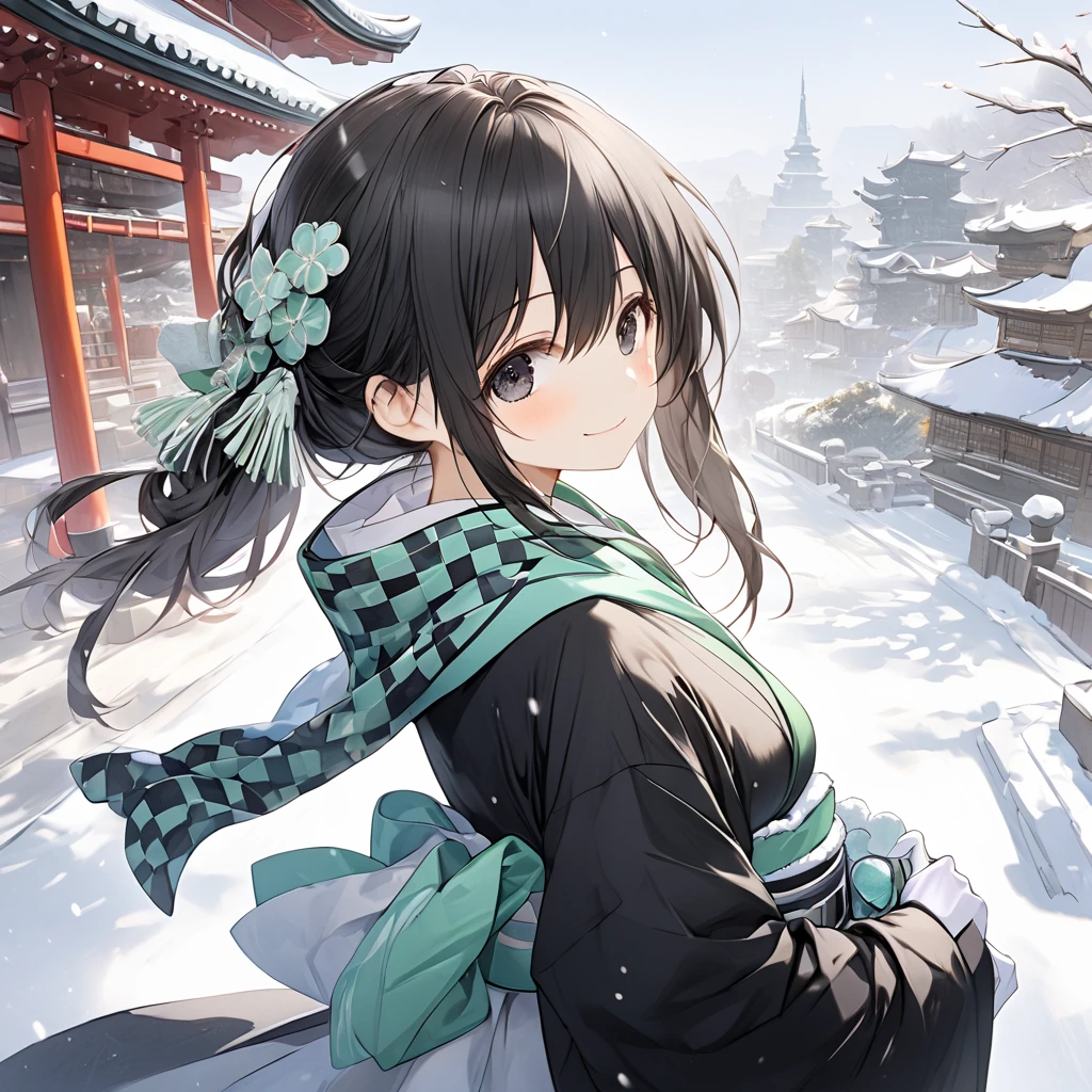 ( 1 girl), Green \(Neptunia )\, black hair, black eyes,(smile:1.5)、blush、(low ponytail:1.5), (long sidelocks:1.5), ,( small tits:1.5),(Black floral yukata:1.5),(Checkered scarf:1.5),gloves,snow,Shrine promenade、front、whole body、( perfect anatomy ),( best quality), ( ultra hi-res), (超 high definition ), ( Highly Detailed CG), (32K), (masterpiece)、eyesHD