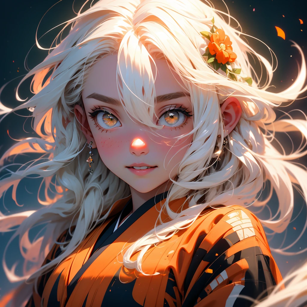 (high resolution:1.18), intricate detail, (masterpiece:1.1), (highest quality:1.1), absurdres),(1girl, portrait, white hair, orange eyes, long hair, detailed eyes), 1girl, Solo, High Resolution, Long Hair, long white hair, wearing sheer green haori, Best Quality, High Resolution, HD, High Details, Long Hair, Very Long Hair, White Hair, Blush, Smile, Parted Lips, orange eyes, beautiful