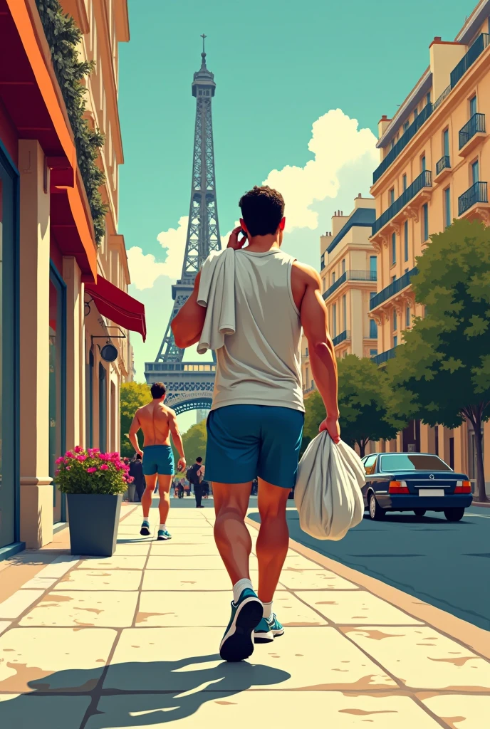  1 man walking naked on paris street

View full body,: (( view from above))  

Material: watercolors  
Style: Anime+yaoi+hentai+roberto_ferri+leng_jun

Compsition: the composition of shadows and lights give an atmosphere of spaciousness, 

Color: intense dark  colors palette

Lighiting: natural lighting

Gender Age:  A young  man, 19 years old

Race:  latino,

Face:  barbed, thin face, straight nose, thin lips, square chin, large light blue eyes, short red wavy hair,

Body: latino skin, hairy body, realistic skin, gorgeous, detailed tonned muscles, barefoot, perfect anatomy, muscled fitness body,  aesthetic slim athletic body, perfect anatomy, , energetic splendid, slim and detailed muscles

Action: He is walking on pairs streets a selfy next to a black freindly, nice, smiling cancerbero dog 

Wearing: He is wearing shirtless, pantless, fullbody, wearing sandals

Background: paris tower

Complements:  best quality, Photorealistic, ultra-high resolution, photographic light, Hyper detailed A mixture of photography and painting, simetryc Composition, Perfect Divine Proportione, 8k resolution
