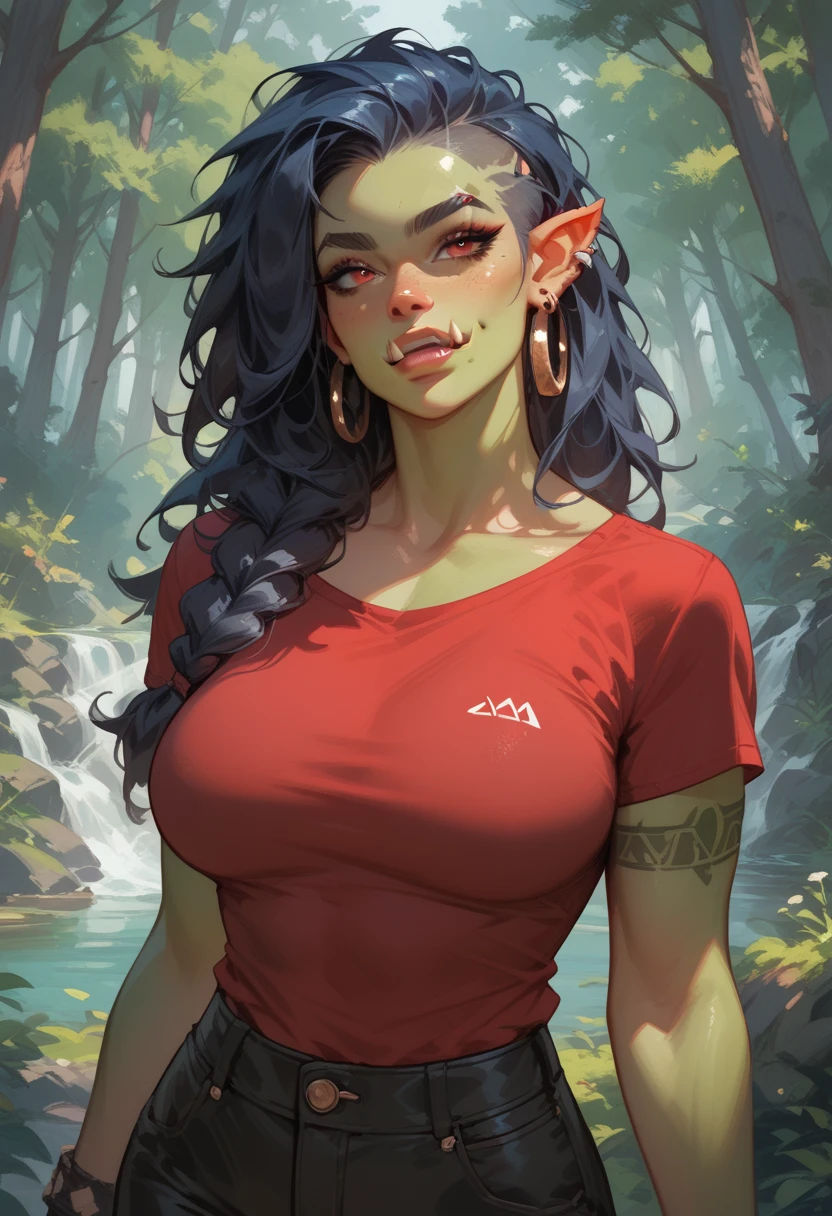 Orc girl in a red shirt and dark pants, forest background.