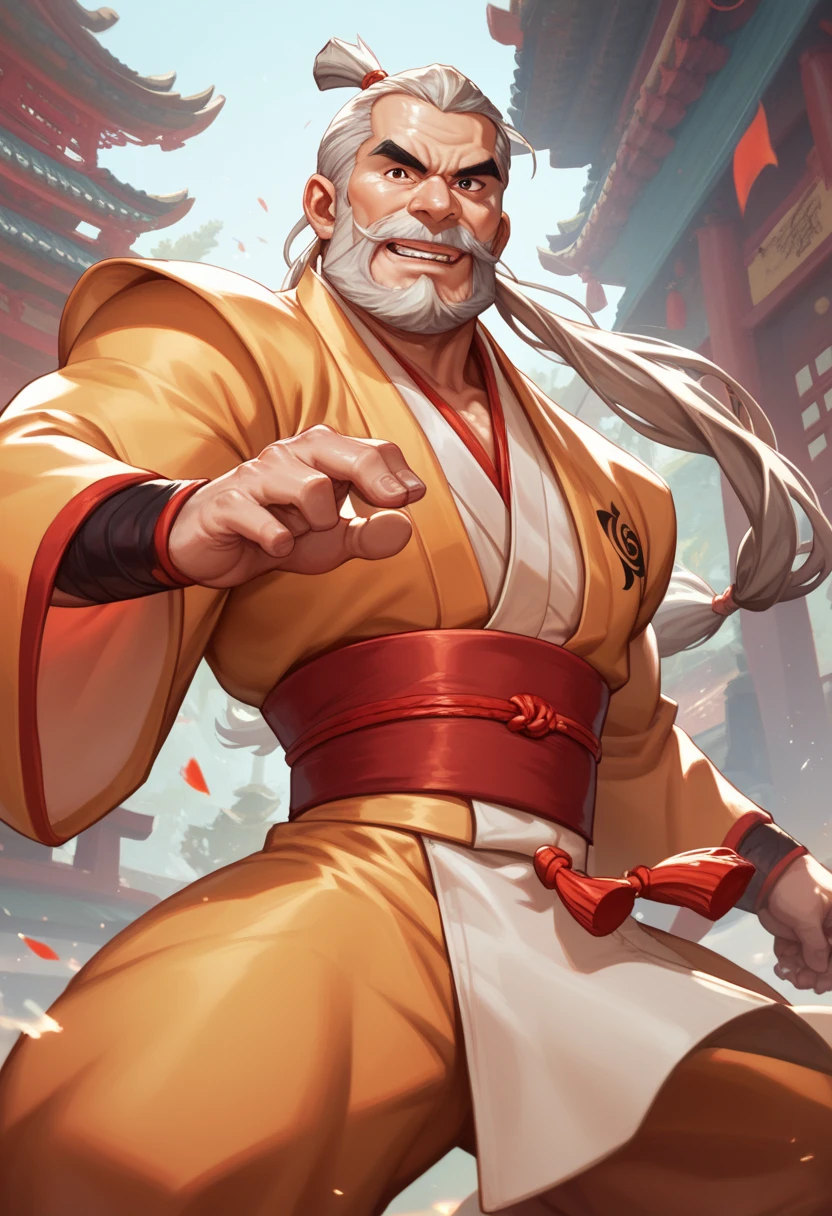  Old man 70 years old
White skin 
Long beard 
Wise aspect, calvo, without hair 
Wearing Kung Fu master clothes  