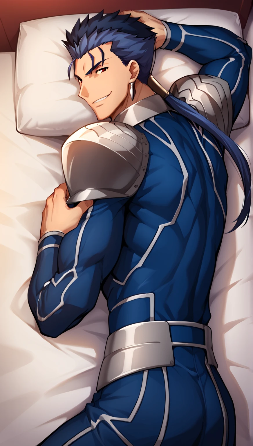 score_7_up,score_6_up,score_5_up,score_4_up,source_anime,lancer_fsn, blue-haired man, red eyes, with a ponytail at the nape of his neck, with a good, slightly muscular body fate/stay night, earrings and armor with a flirtatious smile lying on a bed showing his butt.