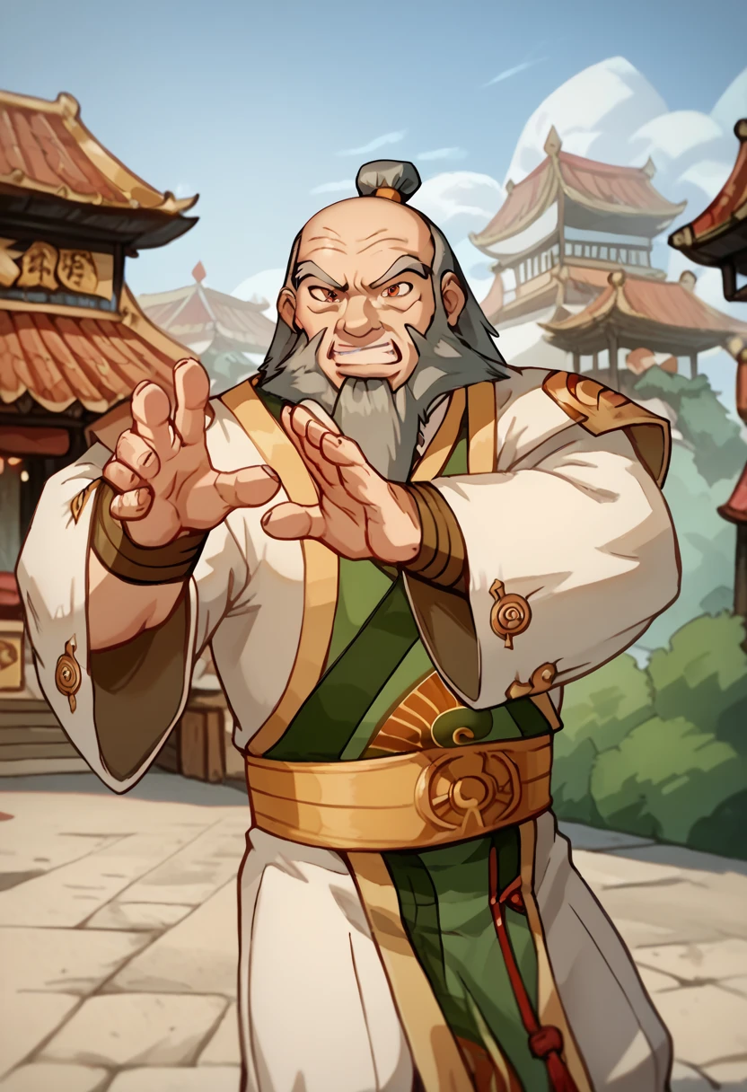  Old man 70 years old
White skin 
Long beard 
Wise aspect, calvo, without hair 
Wearing Kung Fu master clothes  