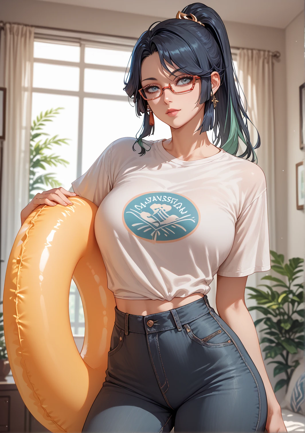 Xianyun,Beautiful girl, adult ,Ponytail,glasses,thin,H cup breast, black floaty waist t-shirt , pants in black,room, front view ,Hairy,Beautiful legs,