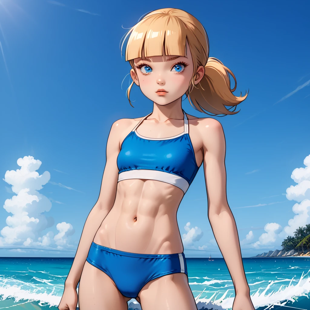 light blonde girl, ponytail hair, blunt bangs, big detailed light blue eyes,hungry expression, very young,very skinny,sunkissed skin,very small breasts,thin midriff,slim waist,nice hips, small petite body,very thin complexion,very young,anorexic midriff with clearly visible abs, masterpiece,best quality, surfing beach background, blue bikini