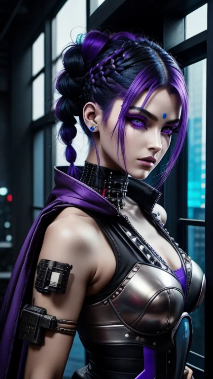  cyberpunk　Red, blue, and black hair 　 chignon hair　 braids 　 eyes with long eyeliner 　 purple eyes　 silver and blue powered suit 　The arms are thick and big　 studs in the fist 　