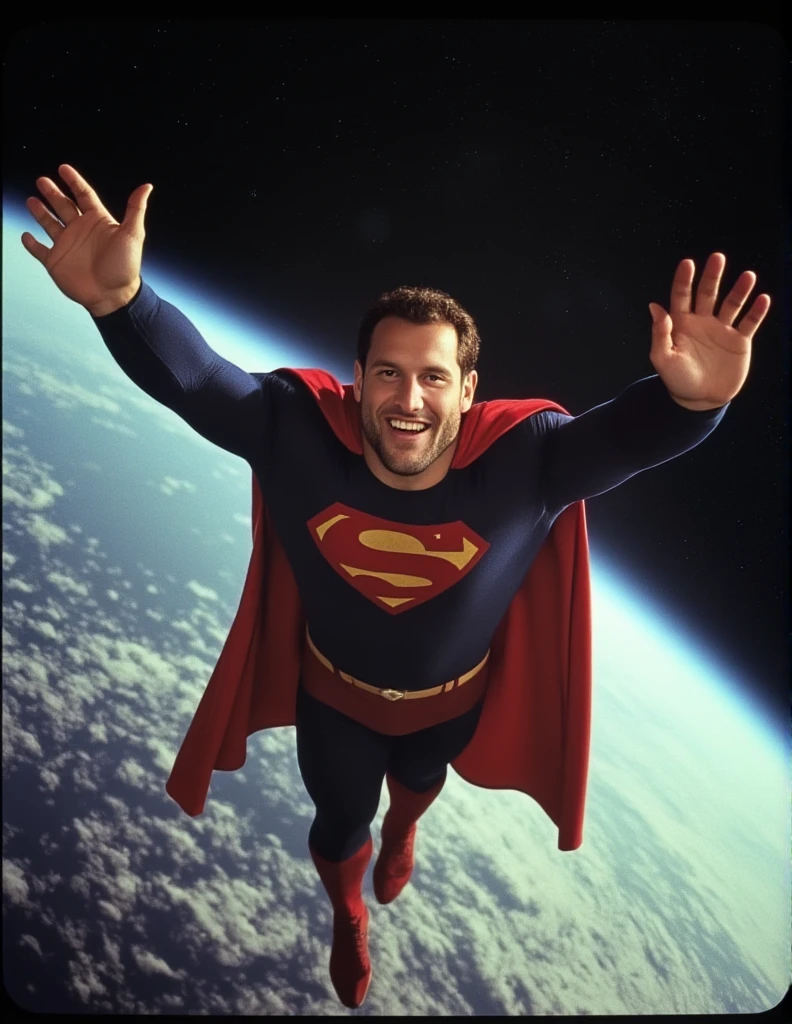 analog film photo of  in science fiction style
classic superman flying in deep space to the camera with a big smile, faded film, desaturated, 35mm photo, grainy, vignette, vintage, Kodachrome, Lomography, stained, highly detailed, found footage