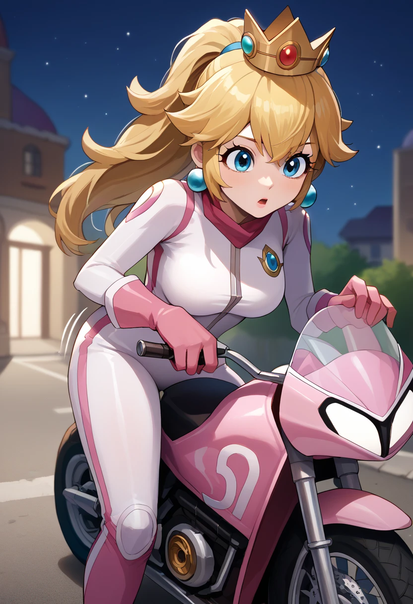 score_9, score_8_up, score_7_up, source_anime, 1girl, solo, IncrsPchBiker, long hair, ponytail, biker clothes, bikesuit, pink bodysuit, pink gloves, skin tight, crown, jewelry, earrings, cowboy shot, motorcycle, motor vehicle, ground vehicle, on vehicle, night, on motorcycle, driving, leaning forward, motion lines, motion blur,