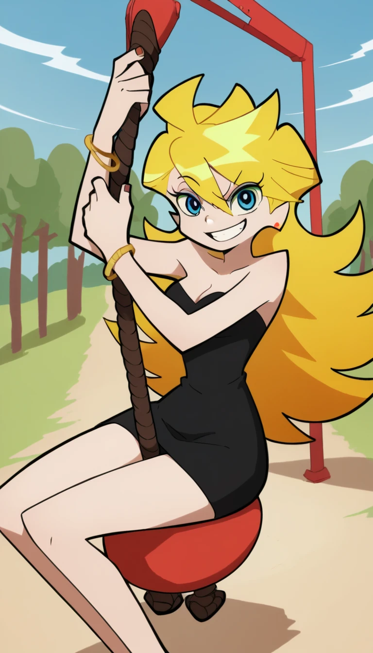 score_9, score_8_up, score_7_up, source_anime, panty anarchy, blonde hair, blue eyes, ahoge, long hair,, blonde hair, medium breast, sitting on a swing set, hoop earrings, cleavage, sexy smile, blond hair, blue eyes, strapless, black sweetheart dress, black pencil skirt, gold bracelet, left hand on own hip, park, right arm at side, cowboy shot, looking at viewer, cowboy shot, BREAK tarzan rope, outdoors, day, rope, smile, swing, playground, floating in the air, legs together, rope between legs
