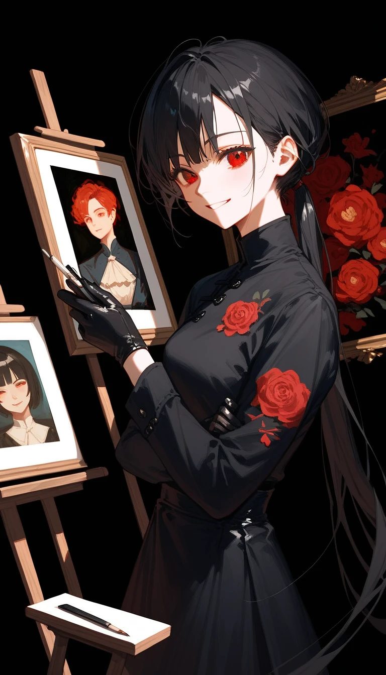 girl,Black hair, thin hair, slightly white, in red eyes , pretty short hair , long ponytail ,Paintings of smartphone showing a painter with evil smile, Evil, Black Dress with Long Sleeves Closure, Chestnut-sized, Black long-sleeved shirt , put on black gloves, with a slight smile, black background,