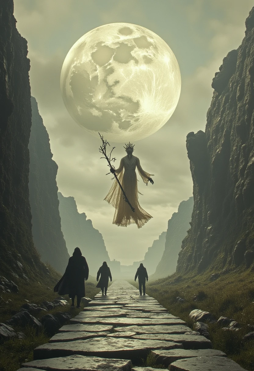 A mystical and supernatural landscape where a figure in a flowing, ethereal gown adorned with delicate patterns floats gently above an ancient stone pathway. Her face is featureless and mysterious, and she holds a staff decorated with magical symbols. Two spectral, hooded figures resembling dark spirits accompany her, floating in the air with tattered cloaks that move like shifting shadows. In the background, an immense and luminous moon dominates the misty sky, with a secondary planet visible among the clouds. The setting is a rocky valley enclosed between towering cliffs, bathed in a mystical and foggy atmosphere. The mood is gothic, mystical, and magical, with tones of gray, beige, and soft gold.