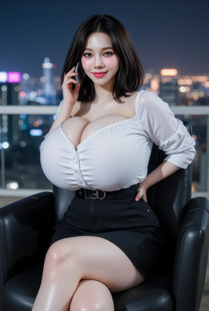 (masterpiece,  top quality: 1.2), Alone,(((Low-angle shot))), ( white shirt), short black skirt, black hair, short haired , Hair a little longer than my shoulders, blushes,Office Girl,( Rooftop of a building with a nice view),night,  big boobs, huge boobs , smart nose,(Sit in a Benz chair ), Beautiful Lighting ,shy expression, shy face,smile around the mouth ,Smiles cheeky,Paparazzi,photoshoot pose,sexy pose,He is holding a phone in one hand,Receiving a call 
