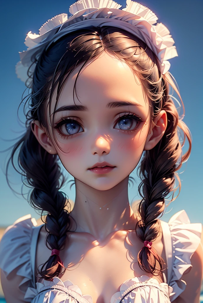  top quality , Ultra Nothing,  Photorealistic ,   pictures of beautiful women , 30th Generation,  detailed face ,  Black Messy Fishtail Braid , (Detailed porcelain doll,Delicate clothing with lots of frills and ribbons),  Beach , ( face close-up ),  bewitching expression,  viewers