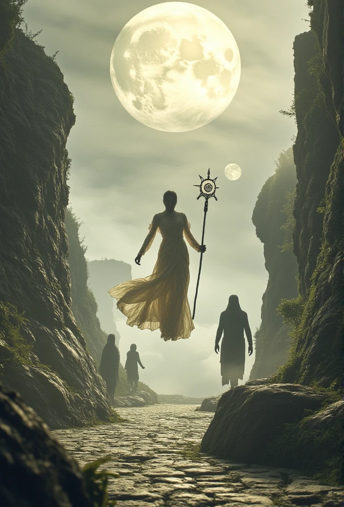 A mystical and supernatural landscape where a figure in a flowing, ethereal gown adorned with delicate patterns floats gently above an ancient stone pathway. Her face is featureless and mysterious, and she holds a staff decorated with magical symbols. Two spectral, hooded figures resembling dark spirits accompany her, floating in the air with tattered cloaks that move like shifting shadows. In the background, an immense and luminous moon dominates the misty sky, with a secondary planet visible among the clouds. The setting is a rocky valley enclosed between towering cliffs, bathed in a mystical and foggy atmosphere. The mood is gothic, mystical, and magical, with tones of gray, beige, and soft gold.