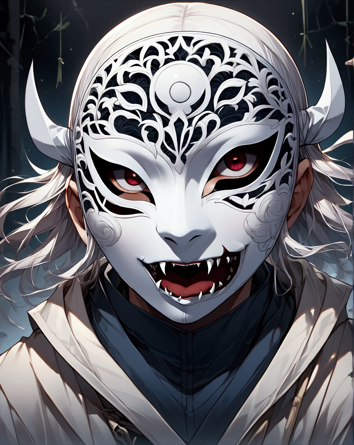 anbu mask, white, no ears, 8 eyes, spider fangs around mouth