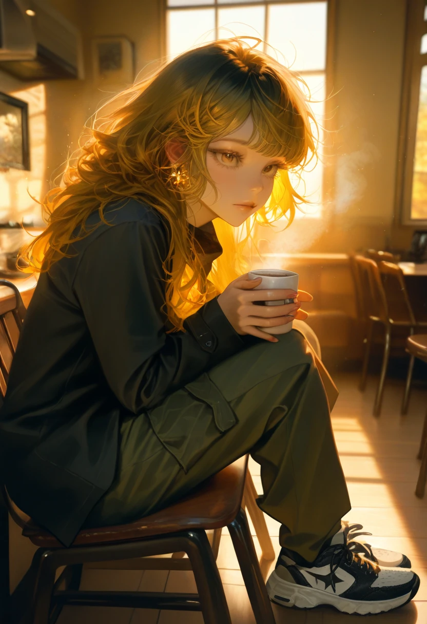 HDR,8k,masterpiece,best quality,amazing quality,very aesthetic,absurdres,newest,(volumetric lighting),photorealistic,photo background,detailed skin,detailed eyes,detailed hair, a girl sitting on a chair, drinking coffee, wearing white cargo pants and ribbon platform sneakers, beautiful detailed eyes, beautiful detailed lips, extremely detailed eyes and face, long eyelashes, photorealistic, photo-realistic, hyperrealistic, hyper-realistic, cinematic lighting, natural lighting, warm colors, golden hour, soft focus, octane render,