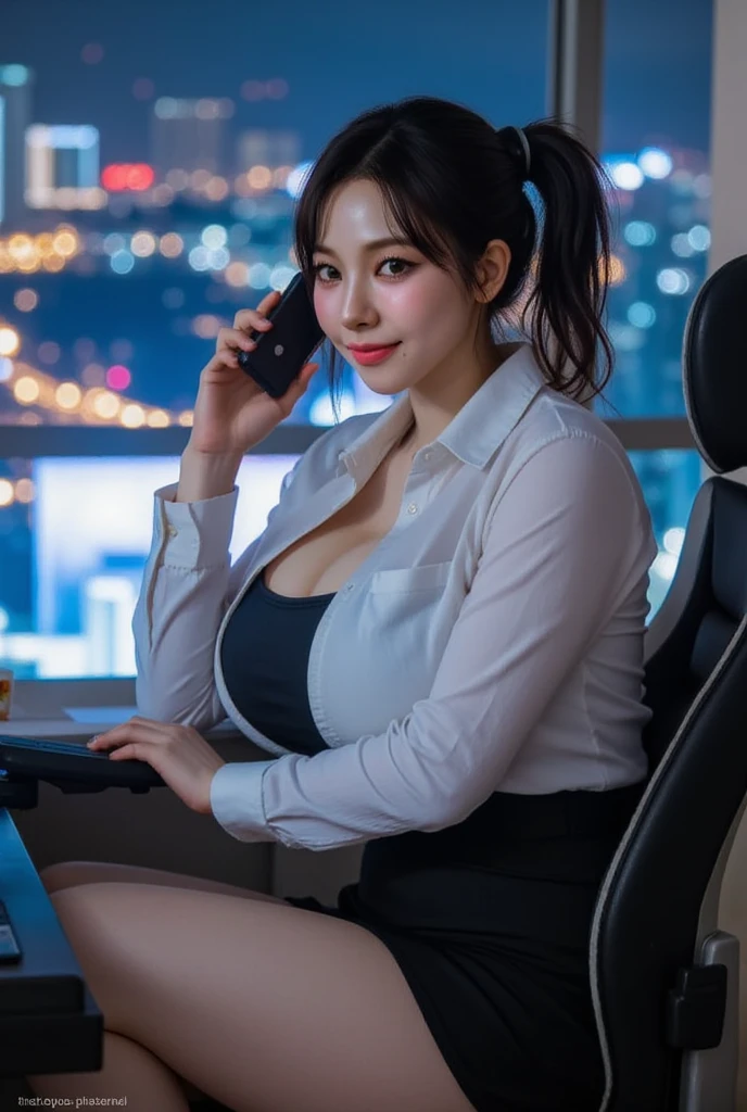 (masterpiece,  top quality: 1.2), Alone,(((Low-angle shot))), ( white shirt), Unbuttoned shirt , short black skirt, black hair, short haired ,Hair a little longer than the shoulders, blushes,Office Girl,( Rooftop of a building with a nice view),night,  big boobs, huge boobs , smart nose,(Sit in a Benz chair ), Beautiful Lighting ,shy expression, shy face,smile around the mouth ,Smiles cheeky,Paparazzi,photoshoot pose,sexy pose,He is holding a phone in one hand,Receiving a call 
