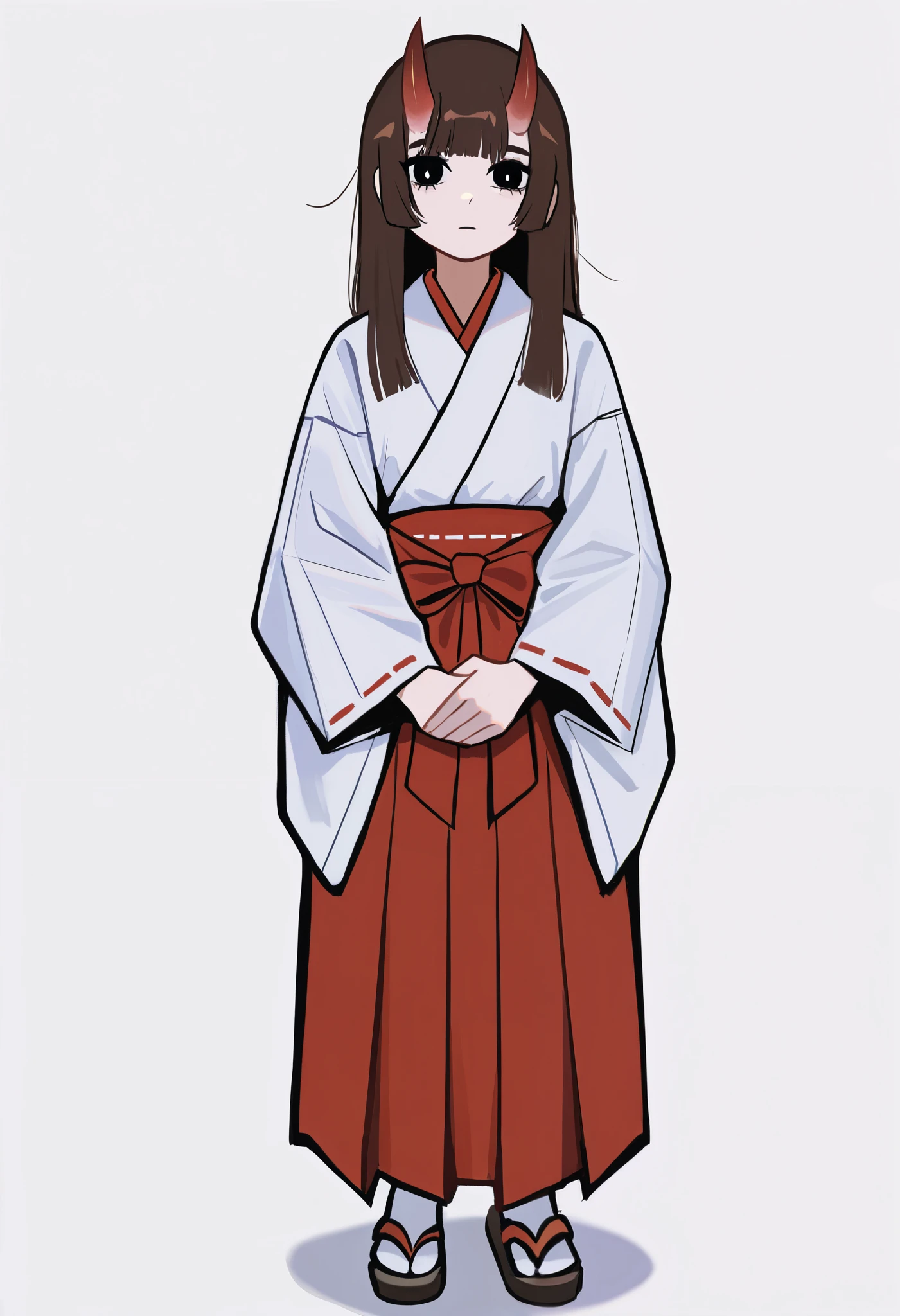 1girl, solo, veyonisLORA, own hands together, oni, kemonomimi, oni horns, red horns, brown hair, hime cut, black eyes, empty eyes, white pupils, outlines, japanese clothes, hakama skirt, red skirt, miko, kimono, socks, sandals, masterpiece, best quality, 8k, highres, detailed, sharp focus, white background, full body, score_9_up, score_8_up, score_7_up