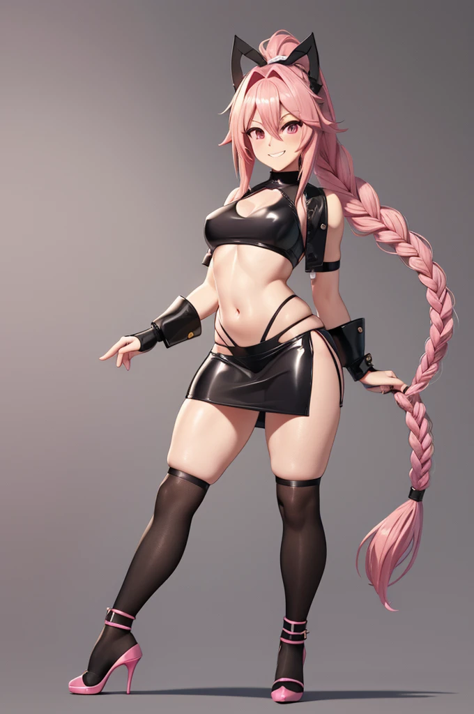 mini thong, long braid, very high ponytail, femboy, Walking, happy, sexy, micro thong, cute bulge, micro crop top, sexy mini skirt, sexy pose, not penis, not nipples, only astolfo, picture of all body, pink hair, formal blouse, happy smile, long latex gloves, bikini bulge, golden dress, high heels