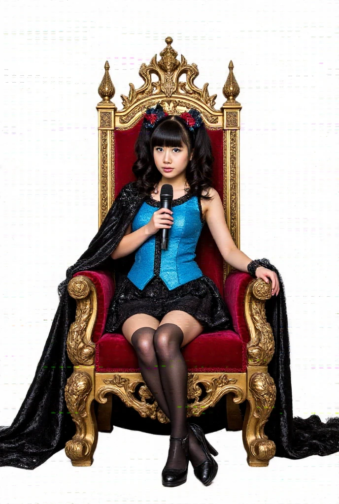 1girl, Hatsune Miku, princess outfit, crown, gold, ((throne)), in a castle, Middle Ages, wearing a blue vest, one foot on the ground, the other foot calf turned outward, one hand holding the microphone, the other hand across the eyes Biye, white background