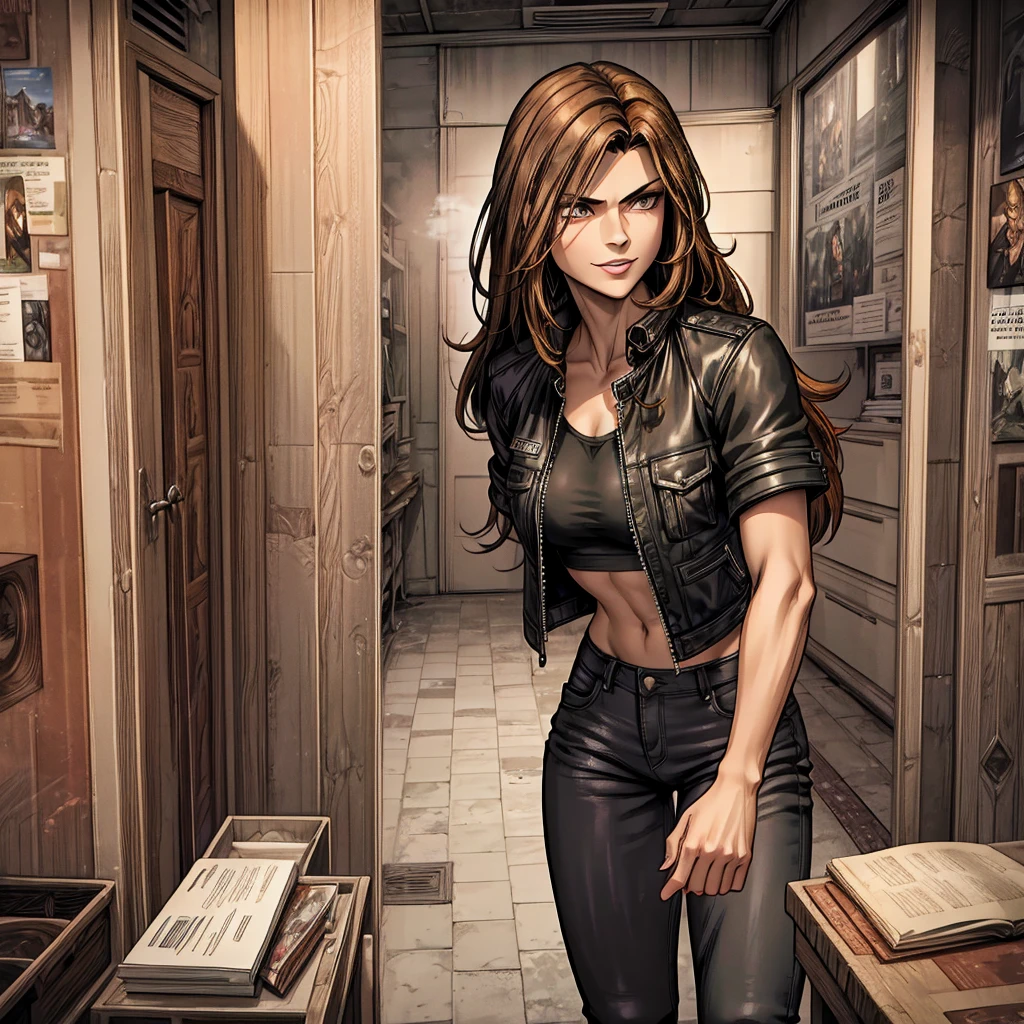 A girl with brown hair, leather jacket, cropt black shirt, sexy, jeans pants, strong, big smile, long hair, old school style, realistic, photorealistic portrait, 8k, masterpiece, cinematic lighting, dramatic mood, intricate details, warm color palette, beautifully detailed eyes, luscious lips, flawless skin, dynamic pose, urban setting, gritty atmosphere, masterful digital painting