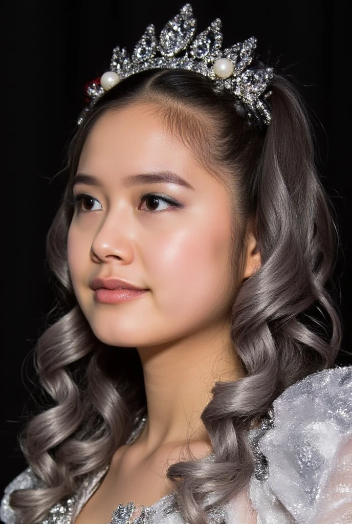 A close-up portrait of a fantasy princess with long silver hair braided with pearls and small flowers. She wears a delicate crystal tiara that glimmers in the moonlight. Her gown is an ethereal white with shimmering threads, and she stands against a background of a starry night sky with glowing constellations.  Masterpiece, high quality, UHD, 4k, extremely realistic, ultra-detailed, detailed skin texture, visible skin pores, lifelike, soft lighting, photorealistic, dramatic shadows, natural imperfections, depth, fine skin texture, cinematic lighting, high contrast, bokeh background, beautifully detailed face, natural colors, sharp focus, elegant composition. reflecting the bright sunlight. Her skin appears shiny and moisturized, glistening in the golden light. Lush space frame the scene, creating a serene and inviting atmosphere. Ultra-HD resolution, soft, natural lighting