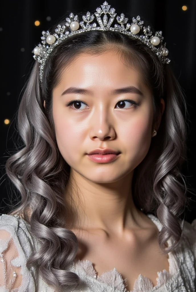 A close-up portrait of a fantasy princess with long silver hair braided with pearls and small flowers. She wears a delicate crystal tiara that glimmers in the moonlight. Her gown is an ethereal white with shimmering threads, and she stands against a background of a starry night sky with glowing constellations. Masterpiece, high quality, UHD, 4k, extremely realistic, ultra-detailed, detailed skin texture, visible skin pores, lifelike, soft lighting, photorealistic, dramatic shadows, natural imperfections, depth, fine skin texture, cinematic lighting, high contrast, bokeh background, beautifully detailed face, natural colors, sharp focus, elegant composition. reflecting the bright sunlight. Her skin appears shiny and moisturized, glistening in the golden light. Lush space frame the scene, creating a serene and inviting atmosphere. Ultra-HD resolution, soft, natural lighting, m1zun0